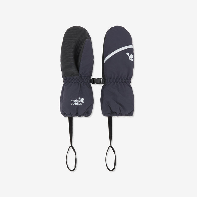 Navy ski mittens connected with a buckle, against a white background. One mitten has a textured palm, and the other has a white stripe detail.